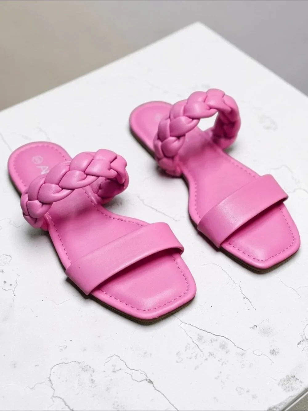 Braided Strap Pink Flat Sandals For Women Comfortable Square Toe Slip-On Design